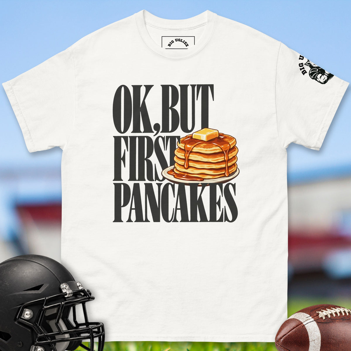 Ok But First Pancakes offensive lineman t-shirt in White by Big Ugliez