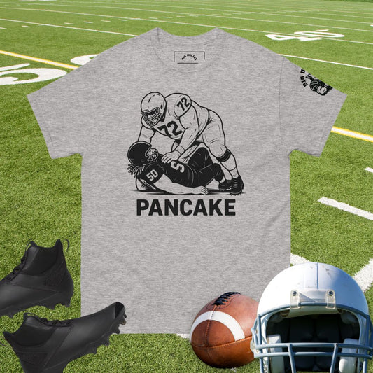 Black-and-white drawing of offensive lineman #72 pancaking defender #50