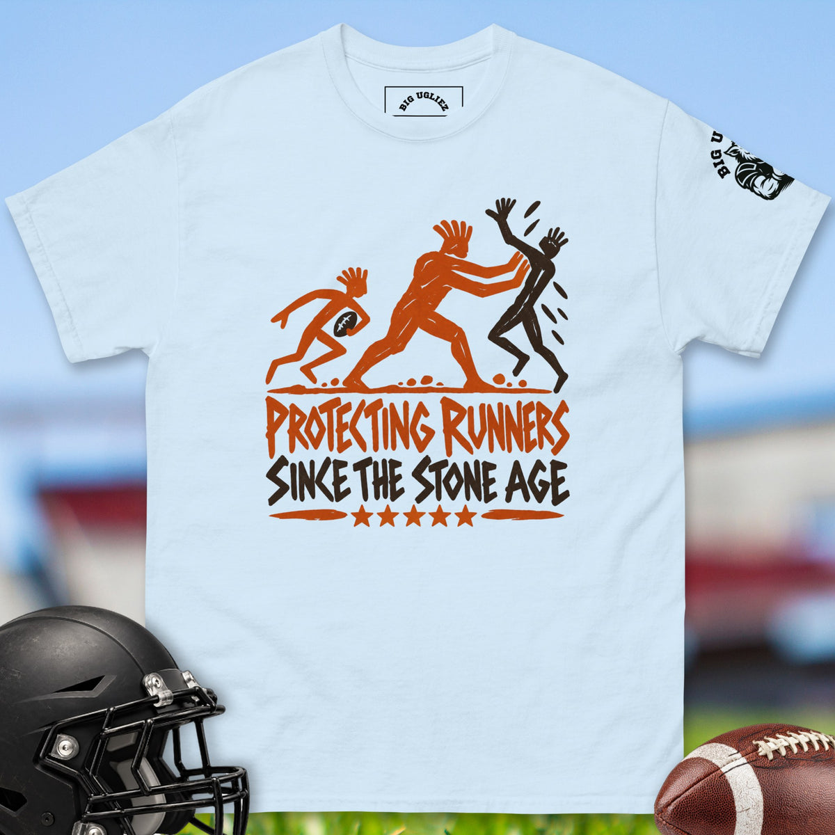 protecting-runners-since-the-stone-age-offensive-linemen-t-shirts-by-big-ugliez-in-light-blue-color