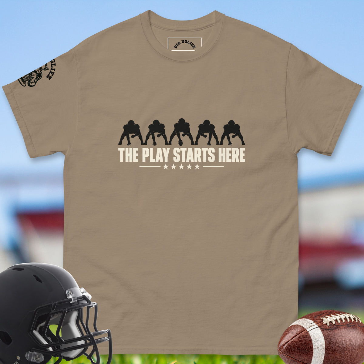 the-play-starts-here-offensive-linemen-t-shirts-by-big-ugliez-in-brown-savana