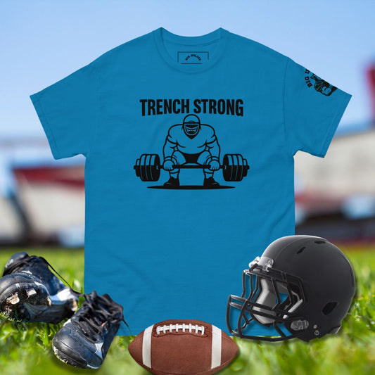 Black line art design of football lineman lifting heavy barbell with ‘Trench Strong’ text above.