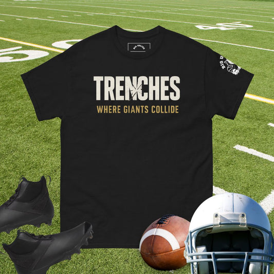 Bold Trenches shirt design with cracked typography and collision impact for offensive linemen