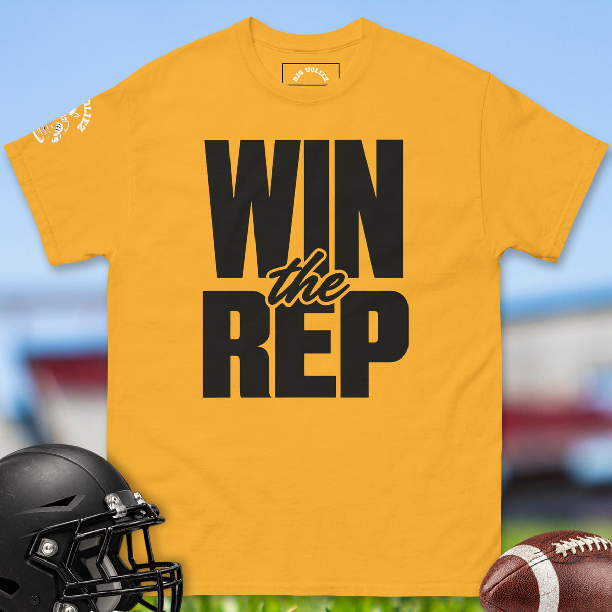Win The Rep offensive lineman t-shirt in Gold by Big Ugliez