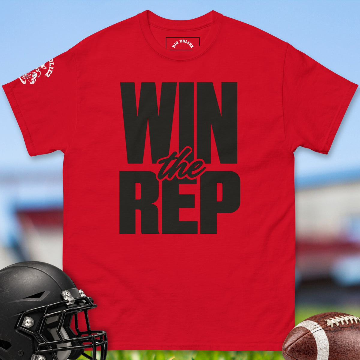 Win The Rep offensive lineman t-shirt in Red by Big Ugliez